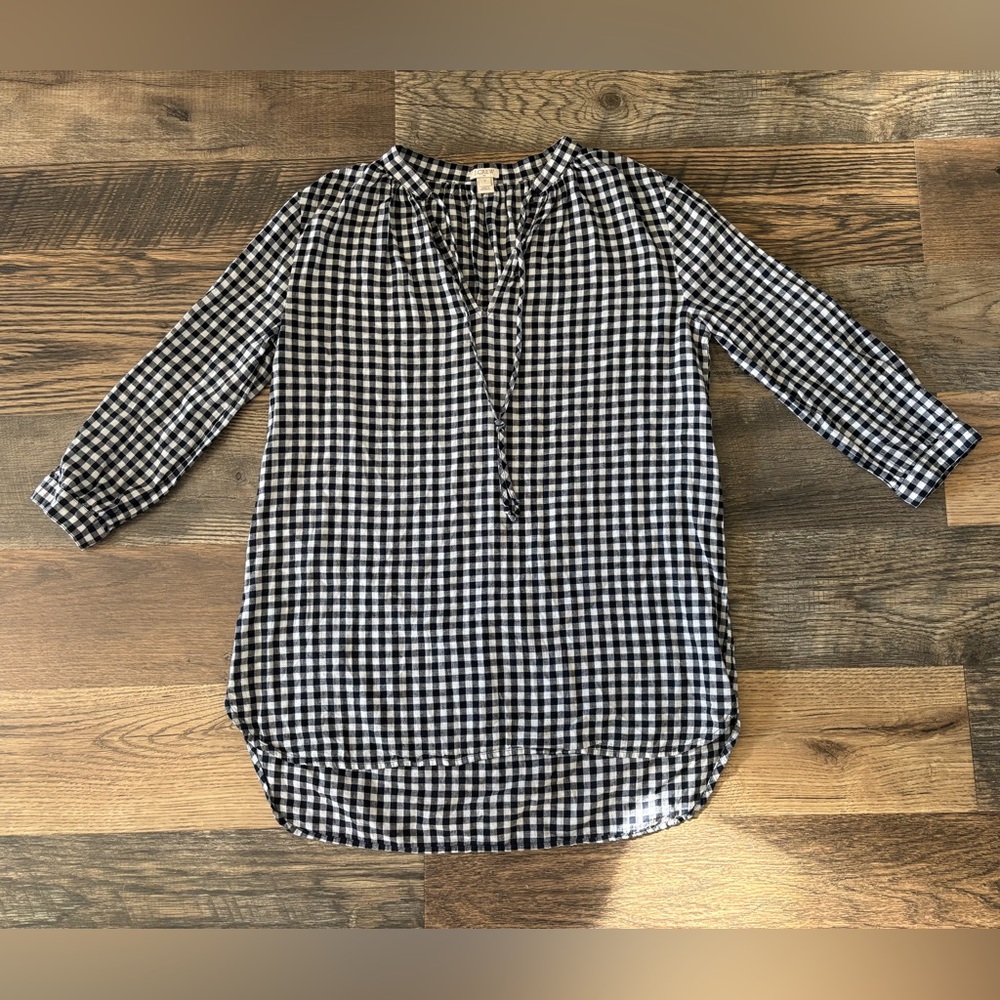 J. Crew Womens Linen Cotton Navy White Check Tunic Shirt‎ Sz S Preppy 3/4 Sleeve